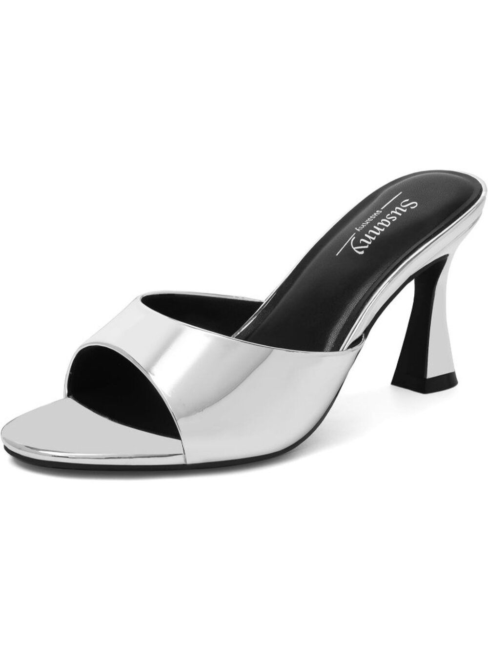 Women's Silver Mule Pointed Open Toe Strappy Chunky Block Sexy High Heels Shoes